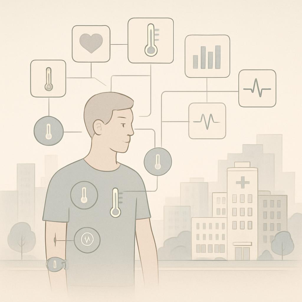 A man surrounded by medical icons, with a hospital in the background, illustrating temperature and health monitoring in a ...