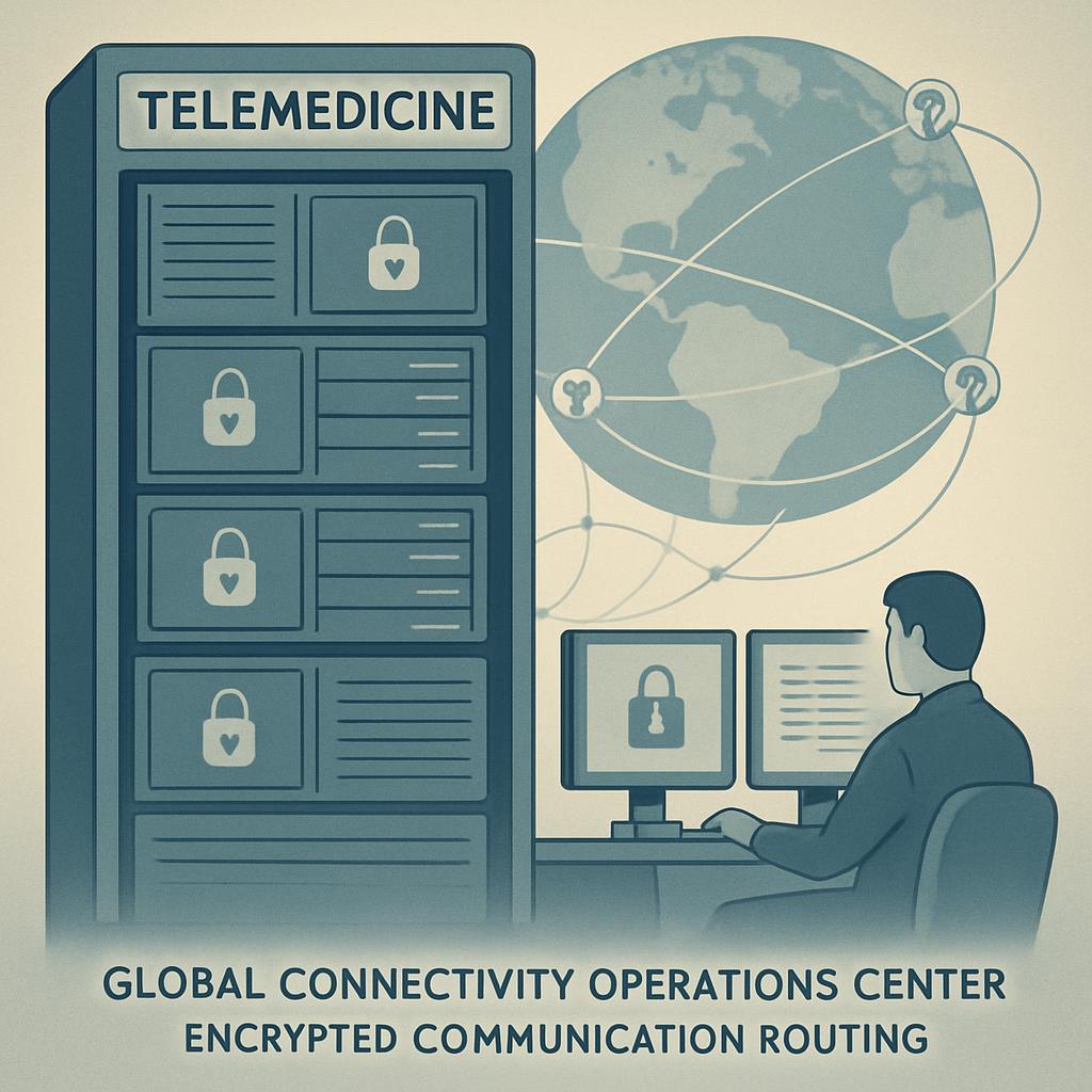 Telemedicine encrypted communication routing cartoon. The caption "Global Connectivity Operations Center" is written at th...