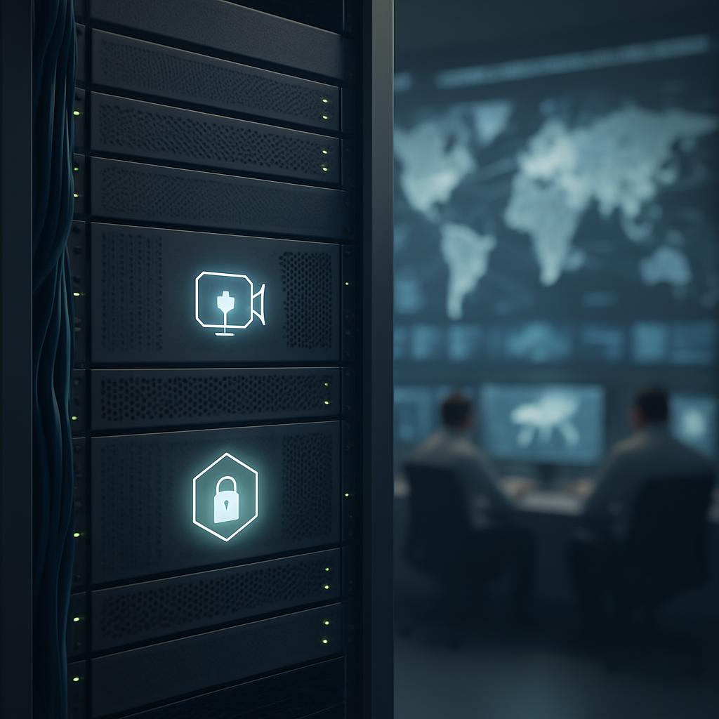 Twoerversed server storage cabinet with a world map on a computer graphic display in a dimly lit server room.