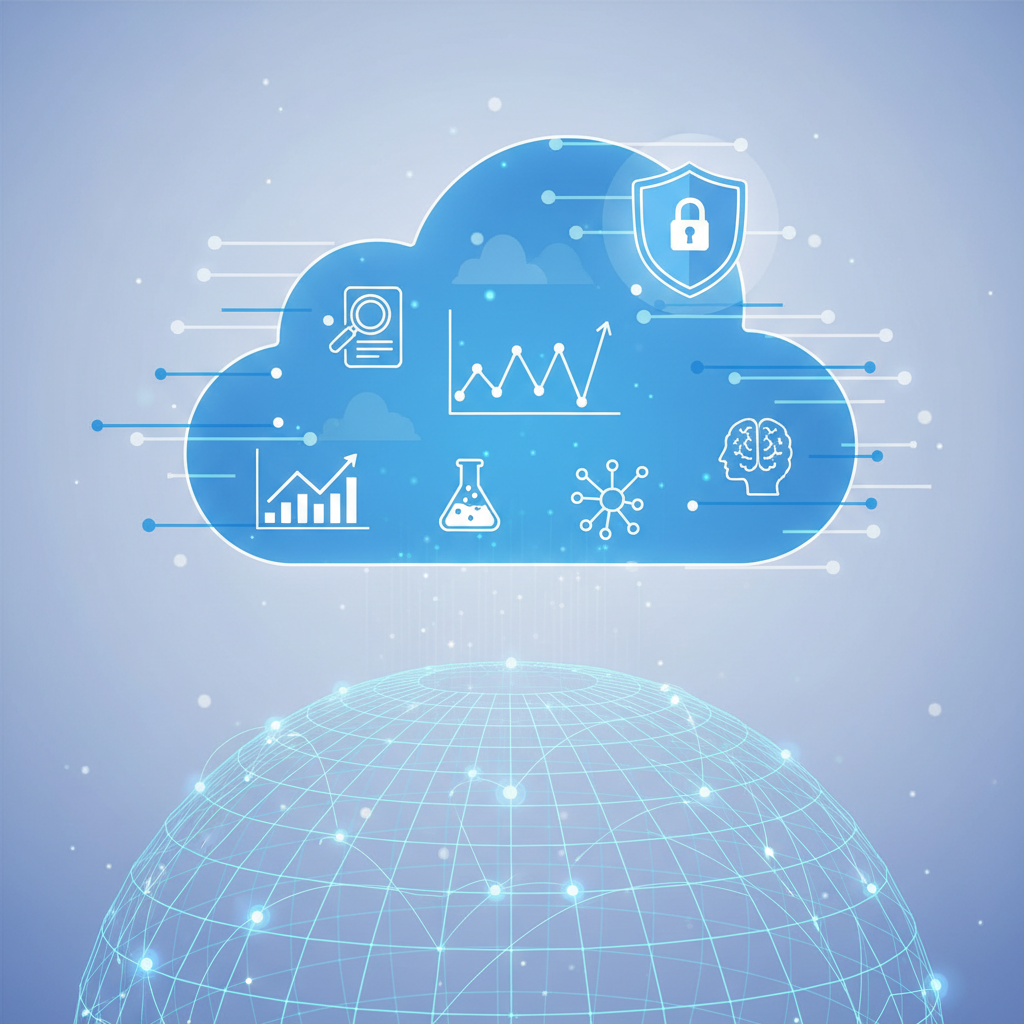 An abstract illustration representing basic access to high-level healthcare data. Visualize a secure blue cloud or data stream over a globe or grid, symbolizing global aggregated data. Overlay simple graphs or trend lines and icons for research and analysis. Avoid any person-identifiable or sensitive imagery. Clean, trustworthy, and professional look.