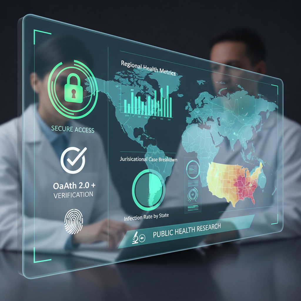 Enhanced Tier: This tier enables more granular analysis with local and regional statistics. Designed to illustrate data broken down by jurisdictions (e.g., states or regions) with visual cues for secure access, robust authentication (OAuth 2.0 + Verification), and public health research. The image should evoke a sense of verified access and advanced analytics for public health.