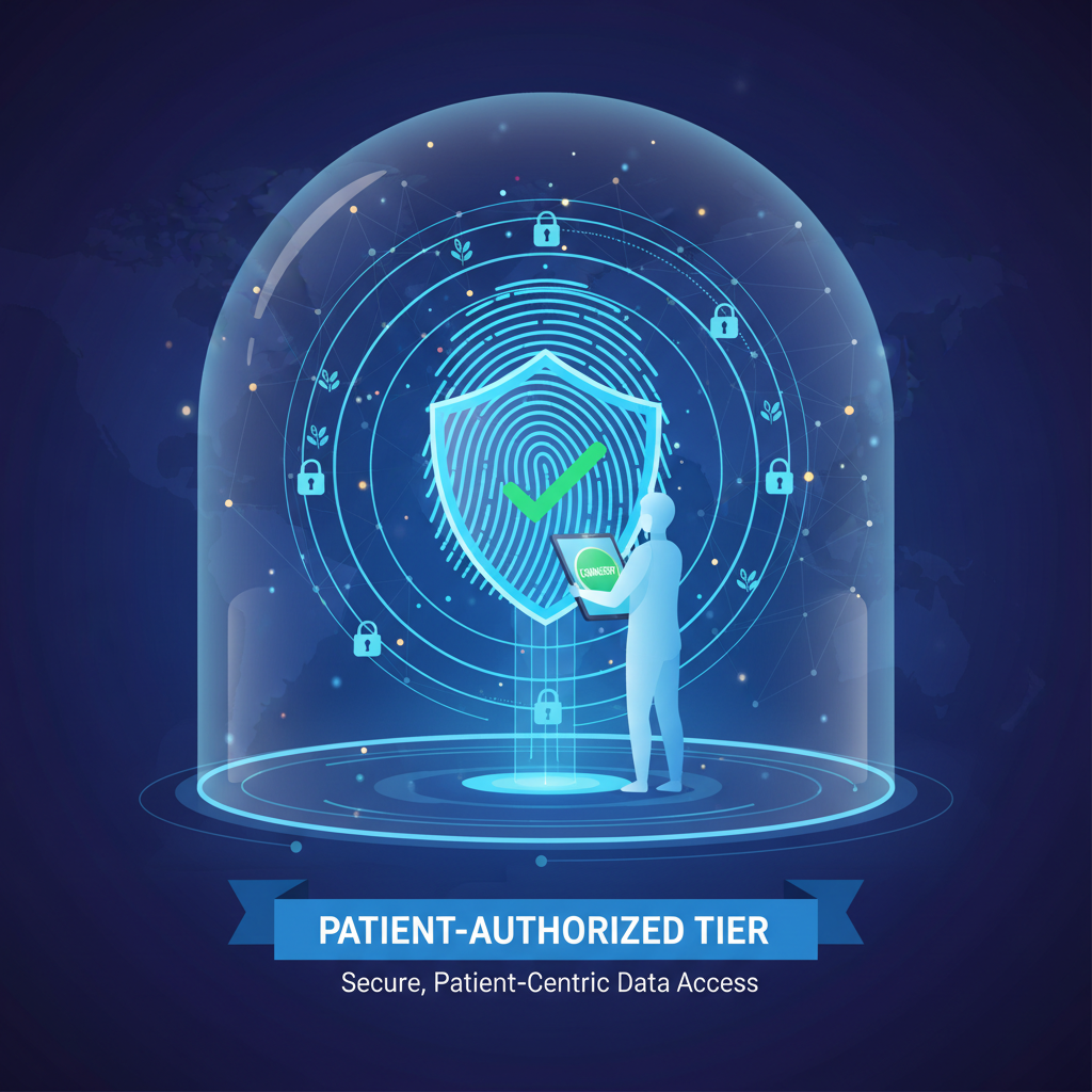Patient-Authorized Tier: An illustration representing secure, patient-centric data access with individual consent, strict privacy, and advanced authorization. Visual elements should evoke trust, privacy, and the concept of personalized healthcare data with secure consent mechanisms.