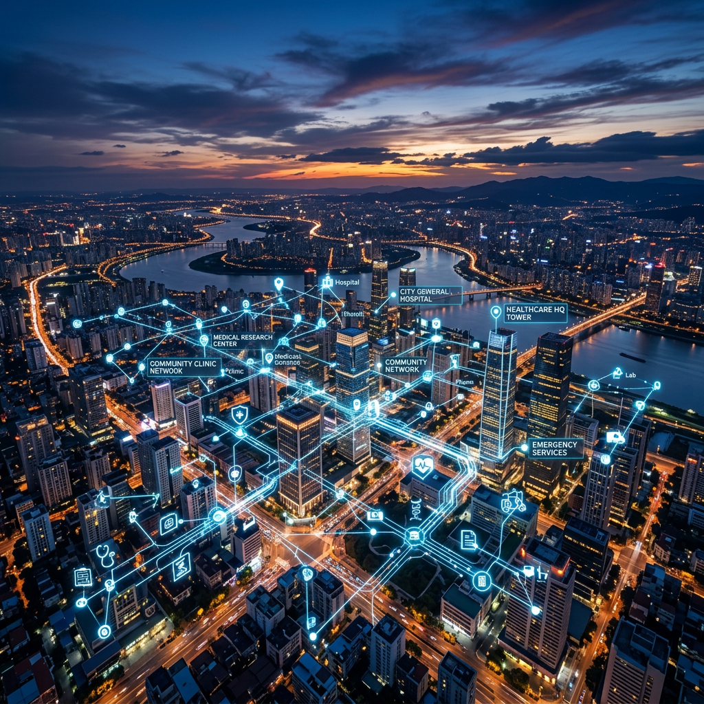 Futuristic urban cityscape with digital healthcare network connections and labels