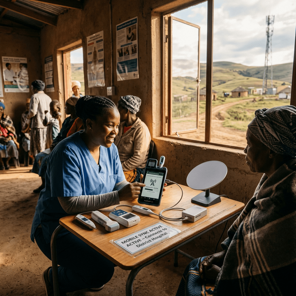 Healthcare worker showing mobile health device to patient in rural clinic