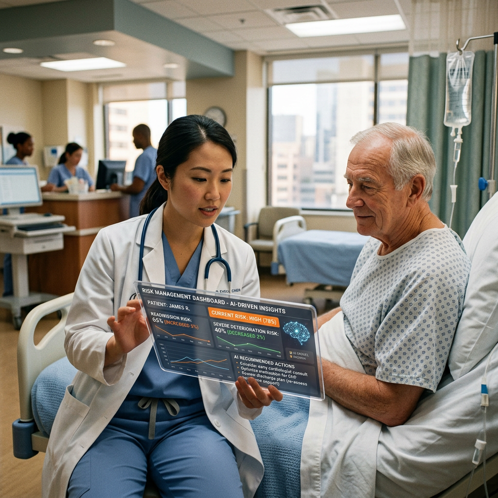 Doctor showing AI risk management dashboard to elderly male patient in hospital bed