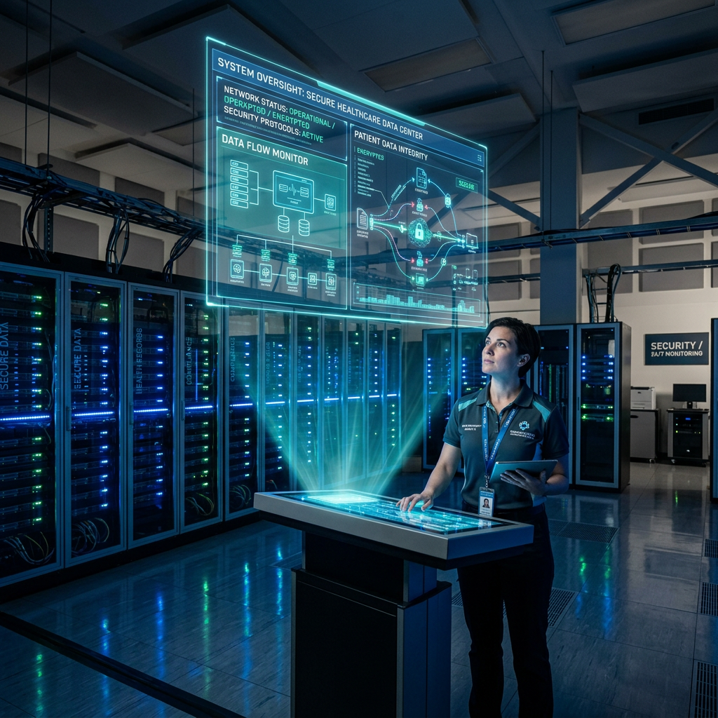 Technician using holographic interface to monitor healthcare data security in data center