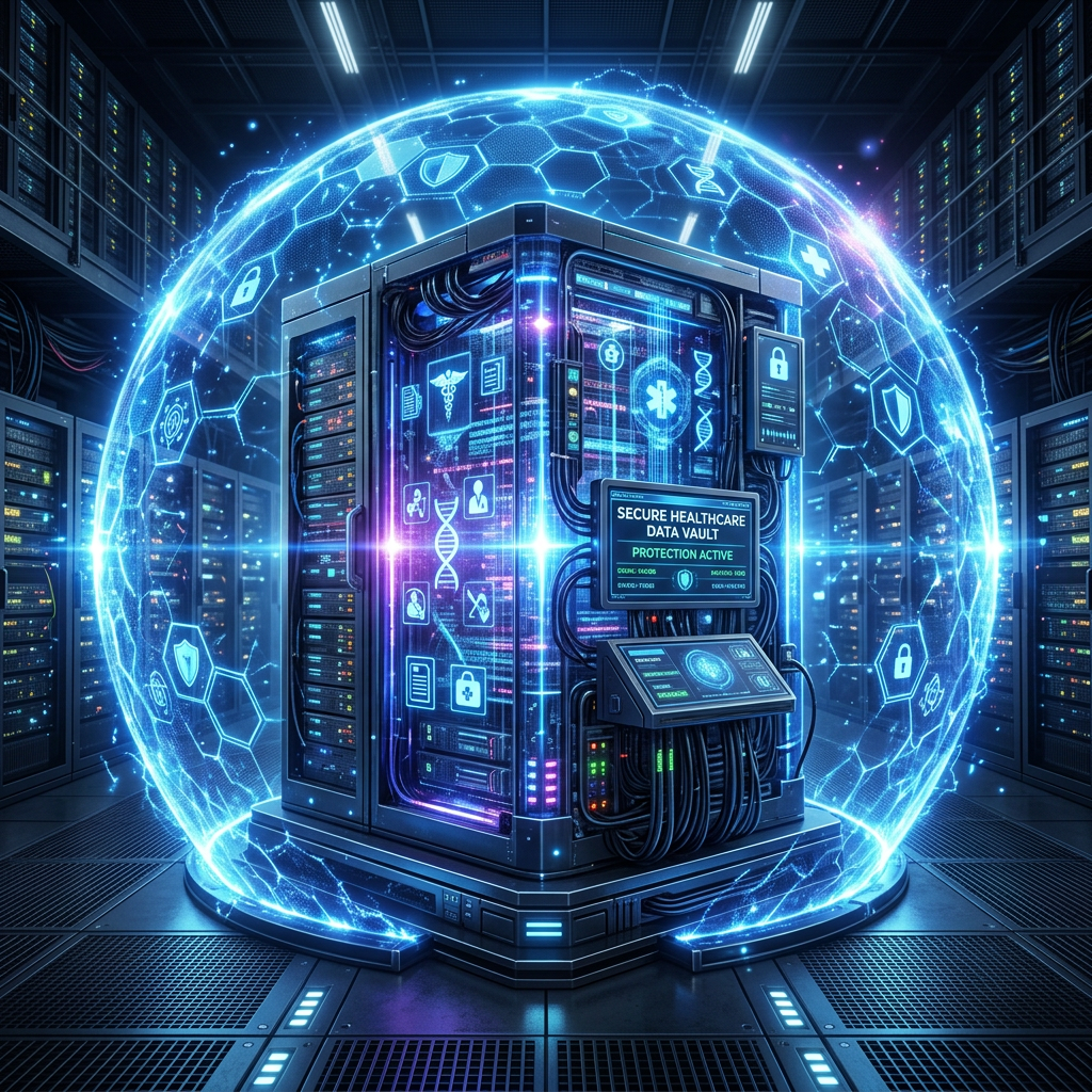 Secure healthcare data vault with digital protection shield in a server room