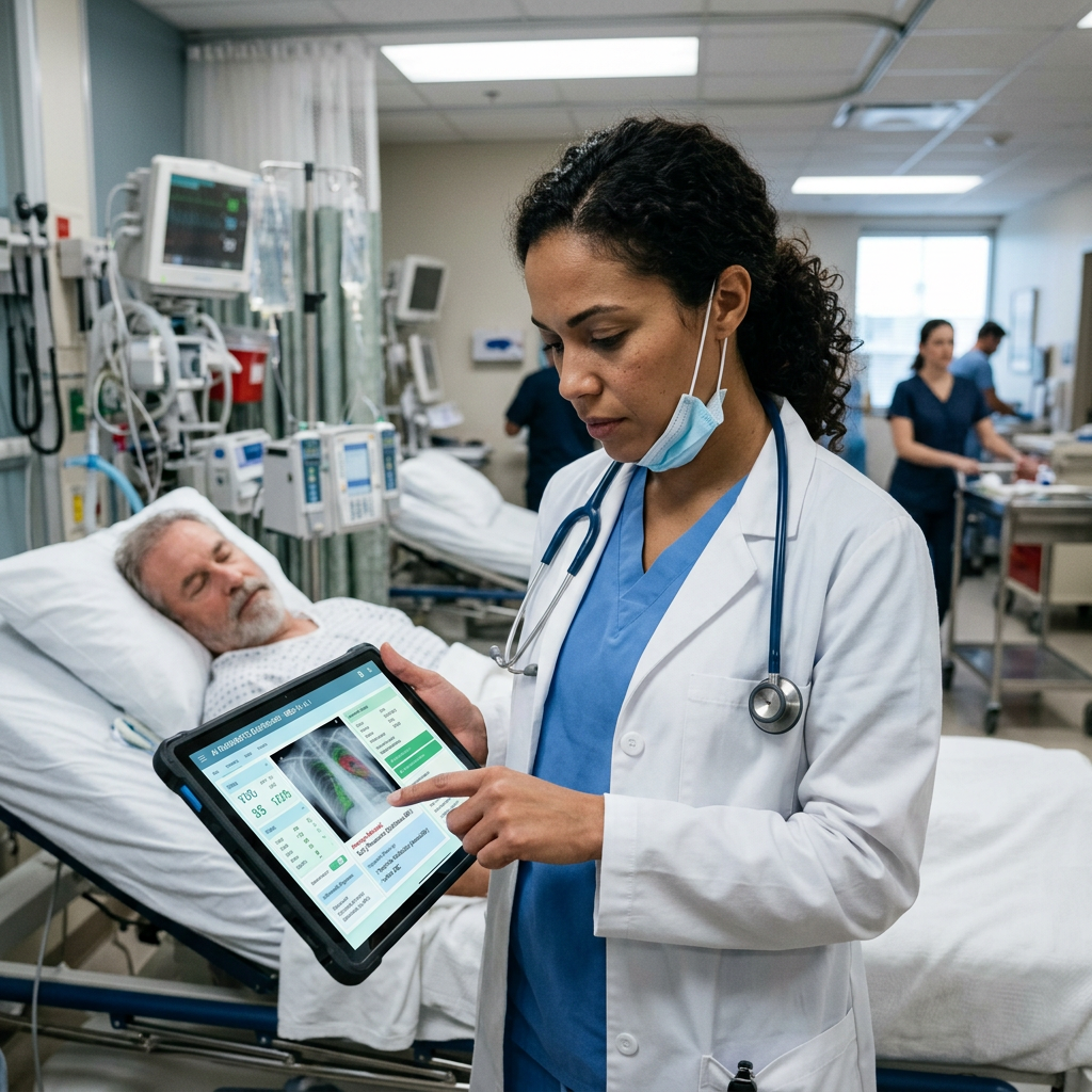 Doctor in white coat looking at lung X-ray images on a tablet next to patient lying in hospital bed