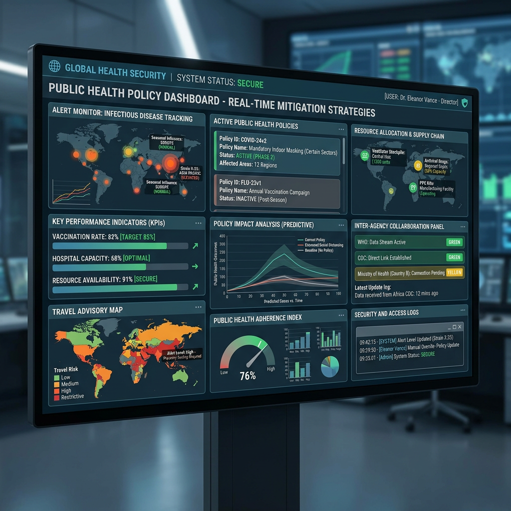 Dashboard displaying global infectious disease tracking, vaccination rates, policy impacts, resource allocation, and travel advisories
