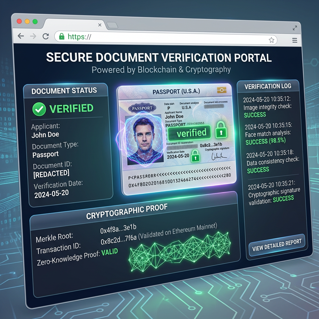 Digital interface showing verified passport details, cryptographic proof, and verification log
